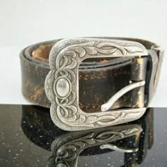 ウエスタンベルト レザー 茶 唐草模様 彫刻 バックル メンズ ヴィンテージ