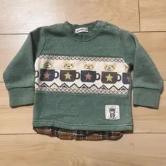 ZOOMIC トレーナー 80cm 裏起毛　緑　チェック　くま　ティーカップ