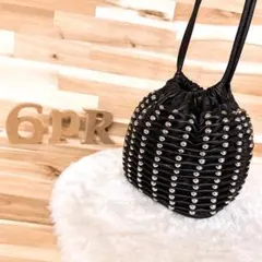 廃番【ザラ】ボール スタッズ レザー 巾着 ショルダーバッグ 黒ブラック×銀