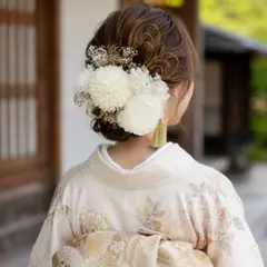 白×ゴールド　和装髪飾り　結婚式　前撮り　成人式　タッセル　水引き　和玉