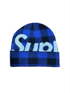 Supreme チェック柄 ニット帽　ブルー　ブラック