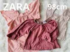 【ZARA】98cm 2〜3歳　ピンクチェック フリル袖 チュニック 3点セット