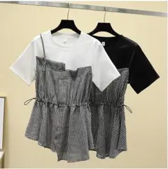 【ラス１黒】大きいサイズ　レディース　春夏 トップス　重ね着　Tシャツ　黒