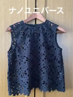 nano universe レーストップス　ノースリーブ　黒　ブラック　花柄
