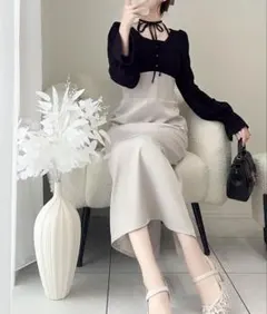 チョーカーデザインレイヤード風キャンディースリーブドッキングナローワンピース