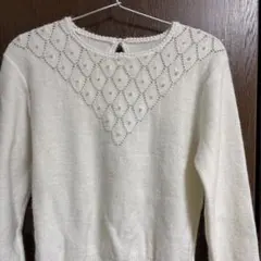 アイボリー レース編み 長袖ニットセーター