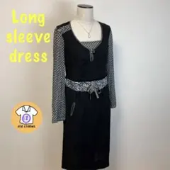 民族調　長袖　ワンピース  花柄　ブラック　ダーク系　インナー付き　古着　レトロ
