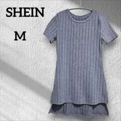SHEIN 【M】ブルー 半袖ニット トップス 半袖 薄手ニット スリット入り