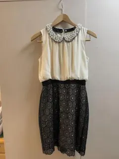 美品　フォーマルドレス　ノースリーブ　ひざ丈ワンピース パール　ビジュー　丸襟