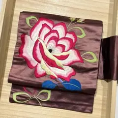 レア色◇茶繻子アンティーク名古屋帯◇豪華な薔薇刺繍 大正ロマン