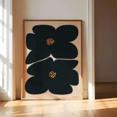 アートポスター　黒花　キャンバスアート　　ミッドセンチュリー