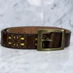 vintage 本革 ブラウンレザー イエロー スタッズ ベルト 総柄