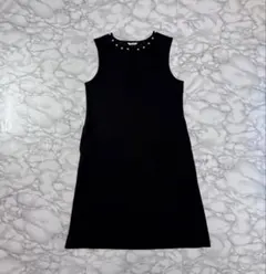 パール装飾 ブラックワンピース ノースリーブ 大人コーデ 結婚式 フォーマルM