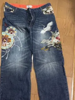 最高峰 粋】レア 絡繰魂 粋 風神雷神 総刺繍 デニムパンツ 110 和柄