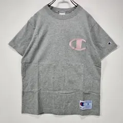 Champion　半袖　Tシャツ　S　刺繍　ロゴ　グレー×ピンク　人気　古着