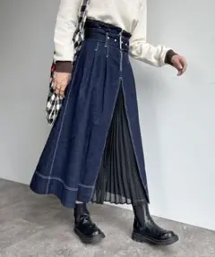 デニムロングフレアスカート プリーツ切替のサムネイル
