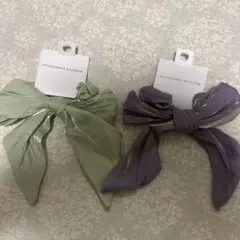 リボン シュシュ ヘアゴム 2個セット グリーン パープル