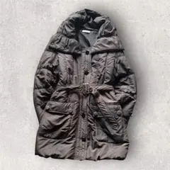 ブラック 中綿ロングコートアウター ベルト付き ミドル丈 黒 女優襟付き