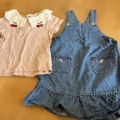 ピンクトップスとデニムジャンバースカートセット 100cm