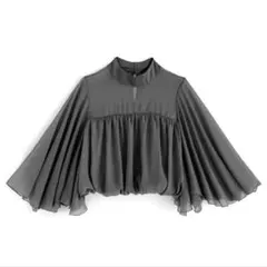 【最終値下げ】チャコール シアー ブラウス フリル フレアスリーブショート丈
