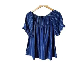 【海外古着】　ネイビー ストライプ フリル袖 トップス W5