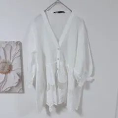 ザラ　ZARA 　レース　Vネック　五分袖　ボタン前開きチュニック　ホワイト　M