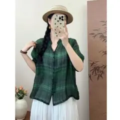 レディース 夏物新作 ブラウス Vネック カジュアル 薄手 チェック レトロ