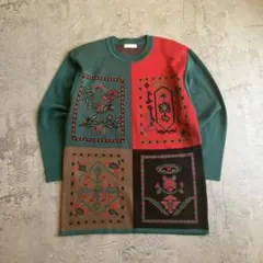 80s ニット セーター 刺繍デザイン 個性派 レトロ ビンテージ 古着 y2k