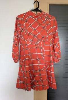 着画あり昭和レトロ古着 幾何学模様 七分袖ワンピース