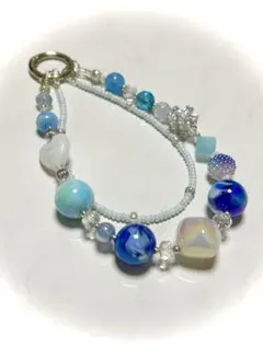 ＊青系＊マーブルビーズ スマホ ストラップ キーホルダー