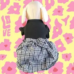 犬服 袖フリルワンピース ブラック系 黒と白のチェック柄 Мサイズ