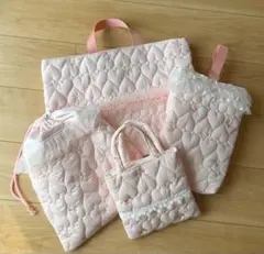 ハート キルティング レッスンバッグ 上履き入れ 白 ピンク 入園入学準備