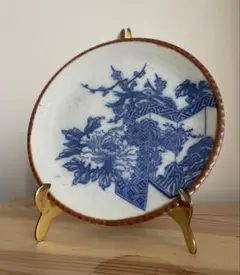 【古伊万里】染付 窓絵 牡丹梅文様 径約22cm 鉄釉縁 アンティーク