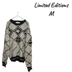 総柄ニット M グレー ブラック 90s 古着 デザインセーター