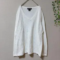 ダナキャラン ラインストーン 綿ニット Ｖネック 長袖 2XL 白 ゆったりのサムネイル