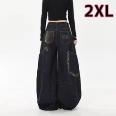 デニムパンツ　レオパード　カーブパンツ　黒　ユニセックス　ゆったり　ルーズ　豹柄