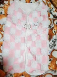 犬服 ♪フリースベスト♪くまさん♪ ピンクチェック♪ハーネスベスト♪新品