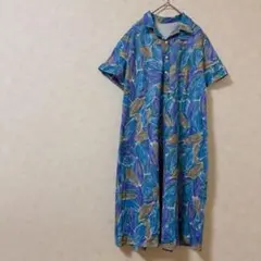 リーフ柄　半袖シャツワンピーブルー系　レトロ　総柄　ゆったり