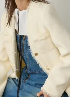 コンパクトツイードジャケット　ラウンジドレス　ホワイト　ノーカラー