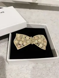 キラキラ　リボン　バレッタ　フラワー　ゴールド　ウェディングヘア　ラインストーン