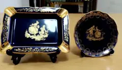 【E,THOMAS】Limoges 陶器　コバルトブルー24金箔金彩　２点セット