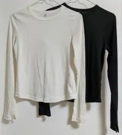 GU リブ編み長袖ロンＴ 2色（白黒）セット、袖口スリット