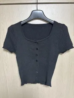 ブラック 半袖 リブニット トップス