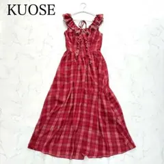 美品✨KUOSE　レッドチェック柄オープンバックフリルドレス　ワンピース　Sのサムネイル