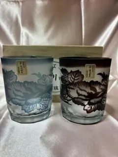 花柄　ガラスコップセット(青赤)