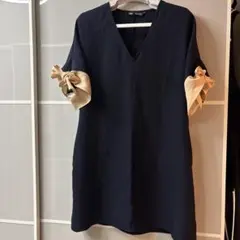 ZARA ネイビー ワンピース 袖リボン