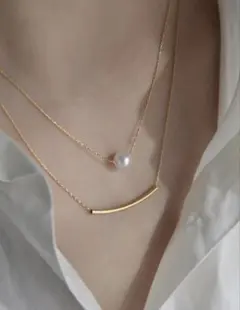 金属アレルギー対応★上品2連ネックレス パール＆ゴールドバー