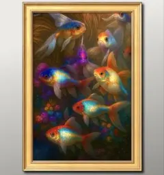 輝きは止まらない　福もまた巡り続けて泳ぐ金魚　額縁付き　開運グラフィックアート