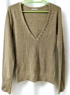 SKYBOMBER　Vネックシャツ　ゴールドラメ　Lサイズ