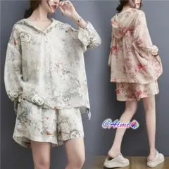 大きいサイズ 夏 フード付き カジュアル ブラウス+ショートパンツ 2点 セット
